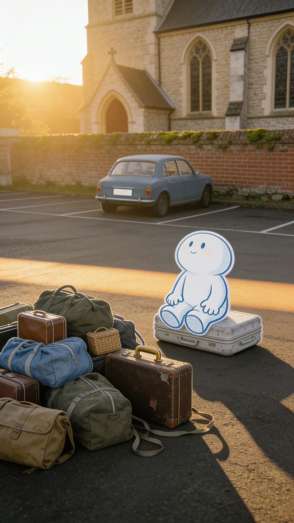 The mascot character sitting still on top of an old suitcase in a church car park at golden hour, no longer moving, no longer performing.