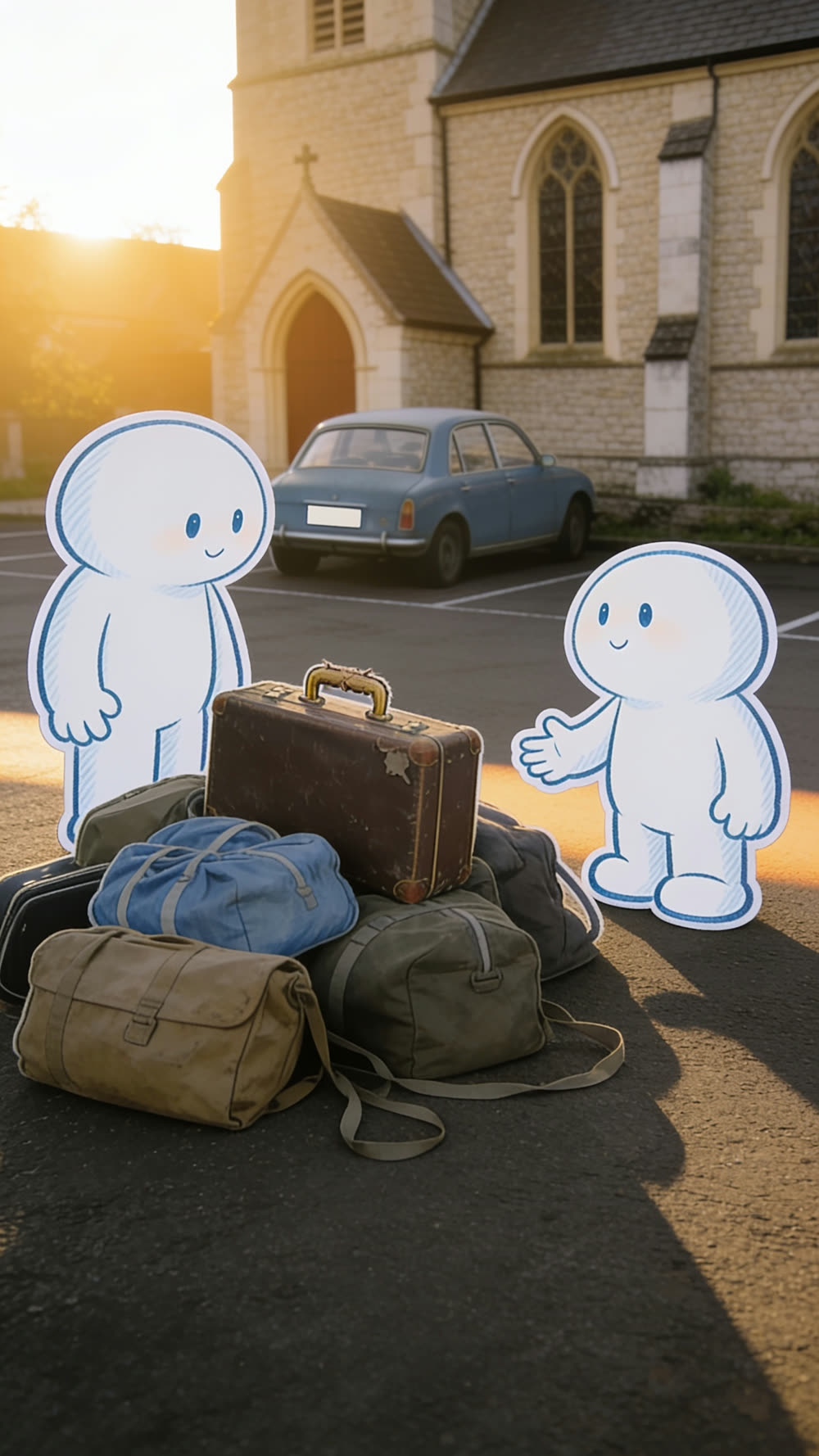 Two mascot characters standing together in a church car park at dusk, both facing a mound of luggage, one looking at it directly for the first time.