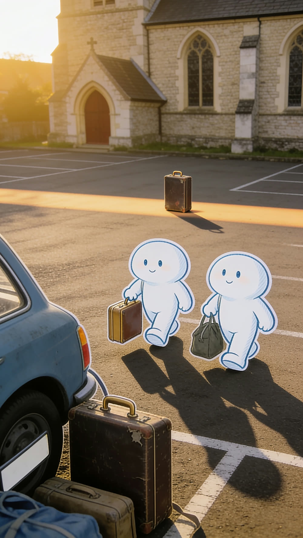 The two mascot characters walking together toward camera through a church car park in golden evening light, faces visible, carrying only what they need.