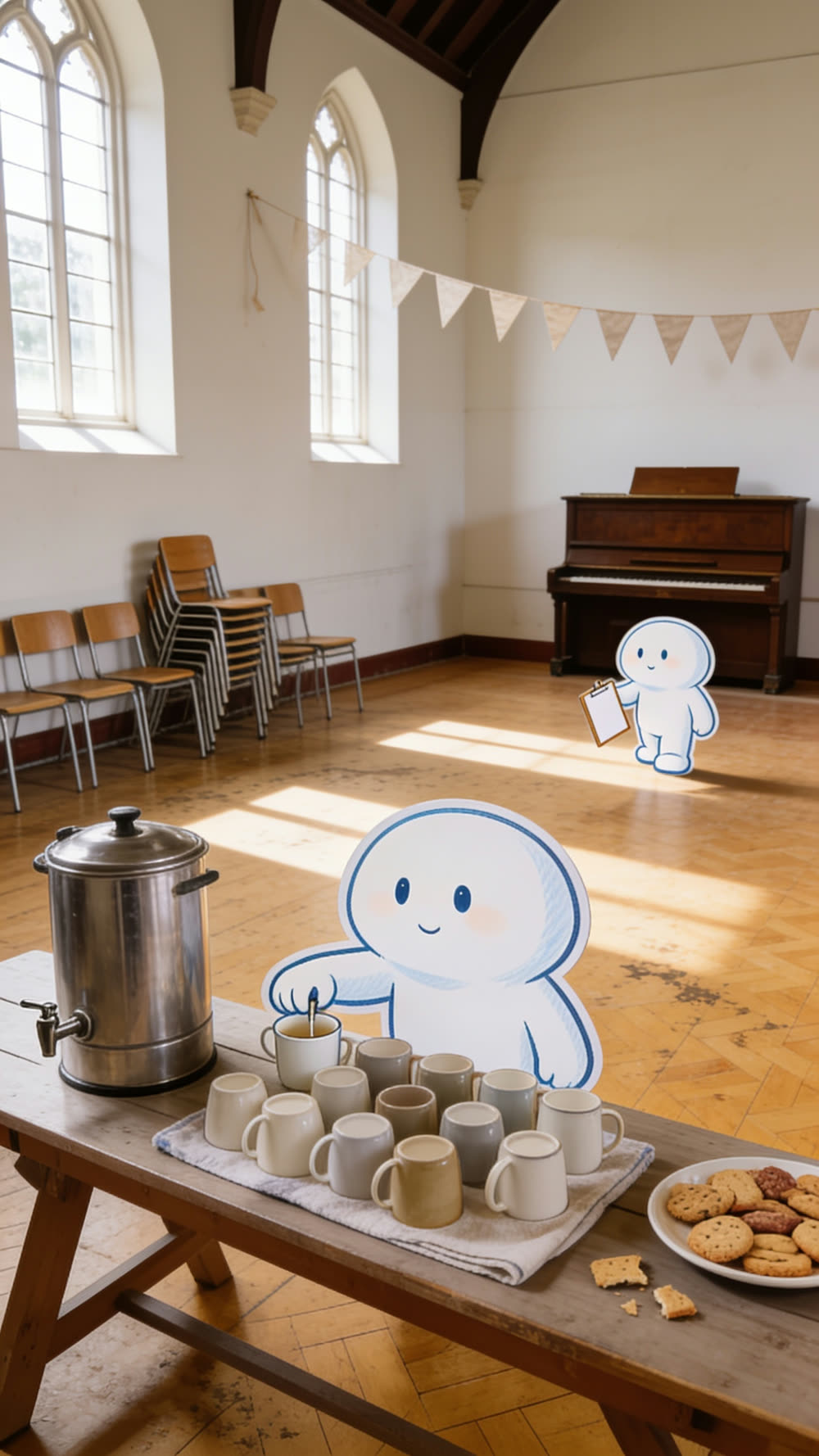 In a church hall with a high beamed ceiling and stacked wooden chairs along one wall, one mascot character stands with a clipboard near an upright piano while a second mascot stirs a mug of tea at a table set with a large drinks urn and a plate of biscuits.