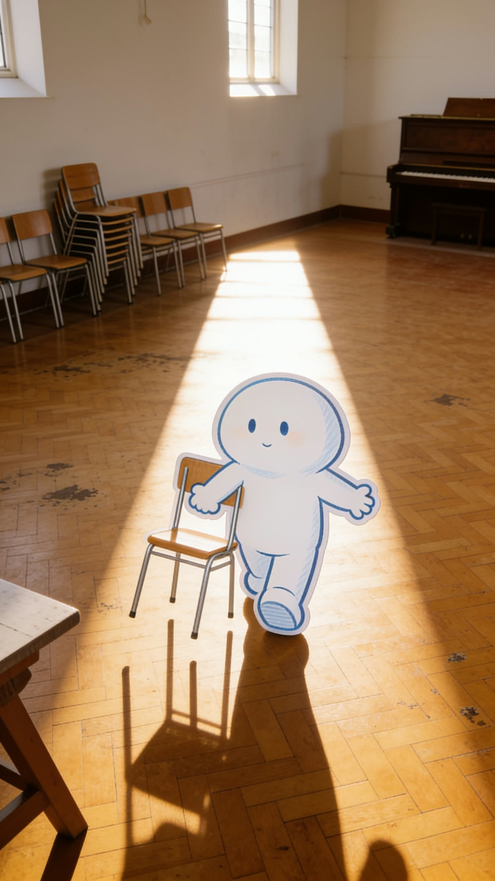A single mascot character carries one chair by the backrest across an empty, sunlit church hall floor, walking through a long shaft of window light toward a stack of chairs and an upright piano.