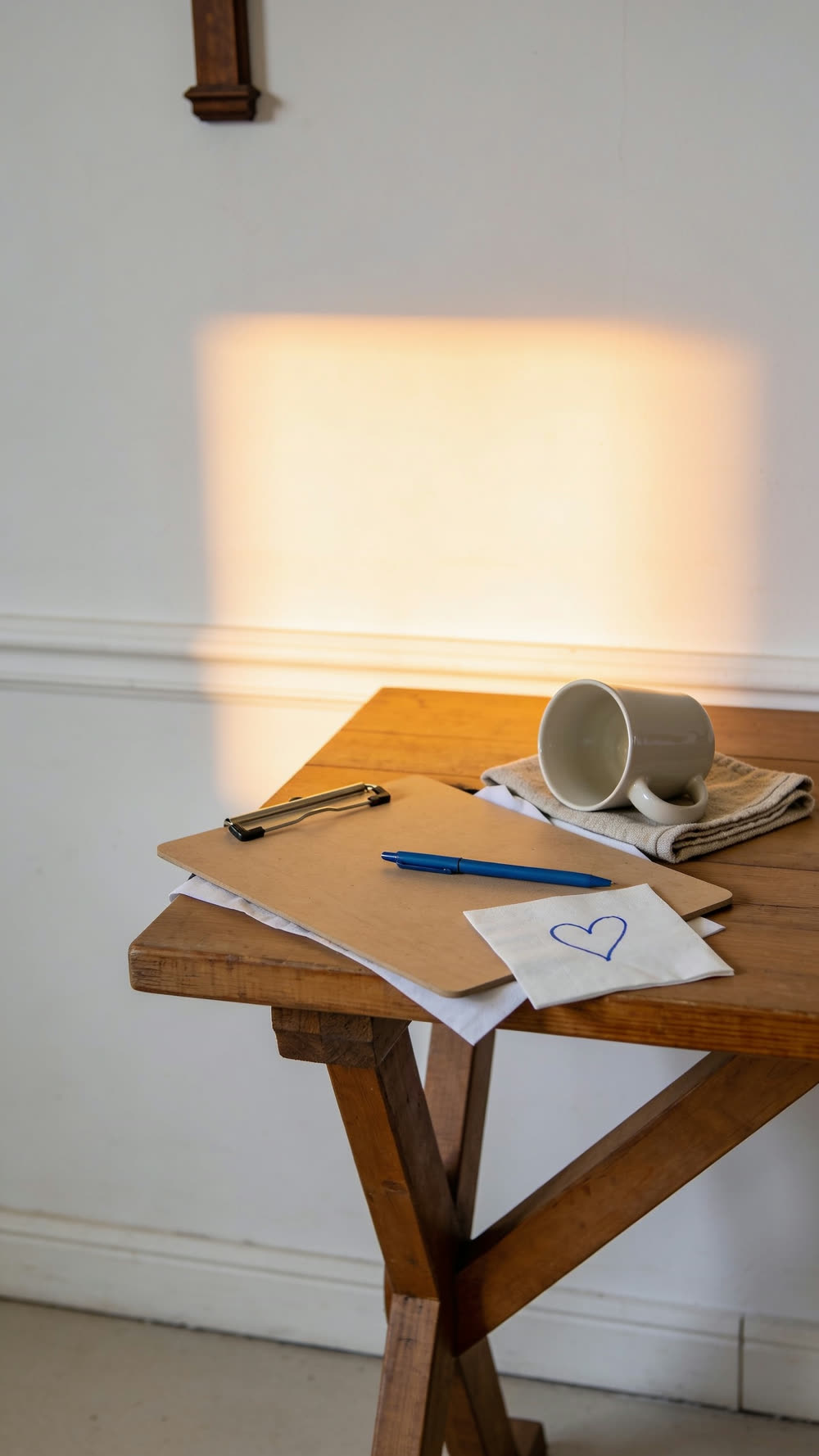 A clipboard, a blue pen, and a mug rest on a wooden table in warm light, next to a paper napkin with a small heart drawn on it in blue ink.