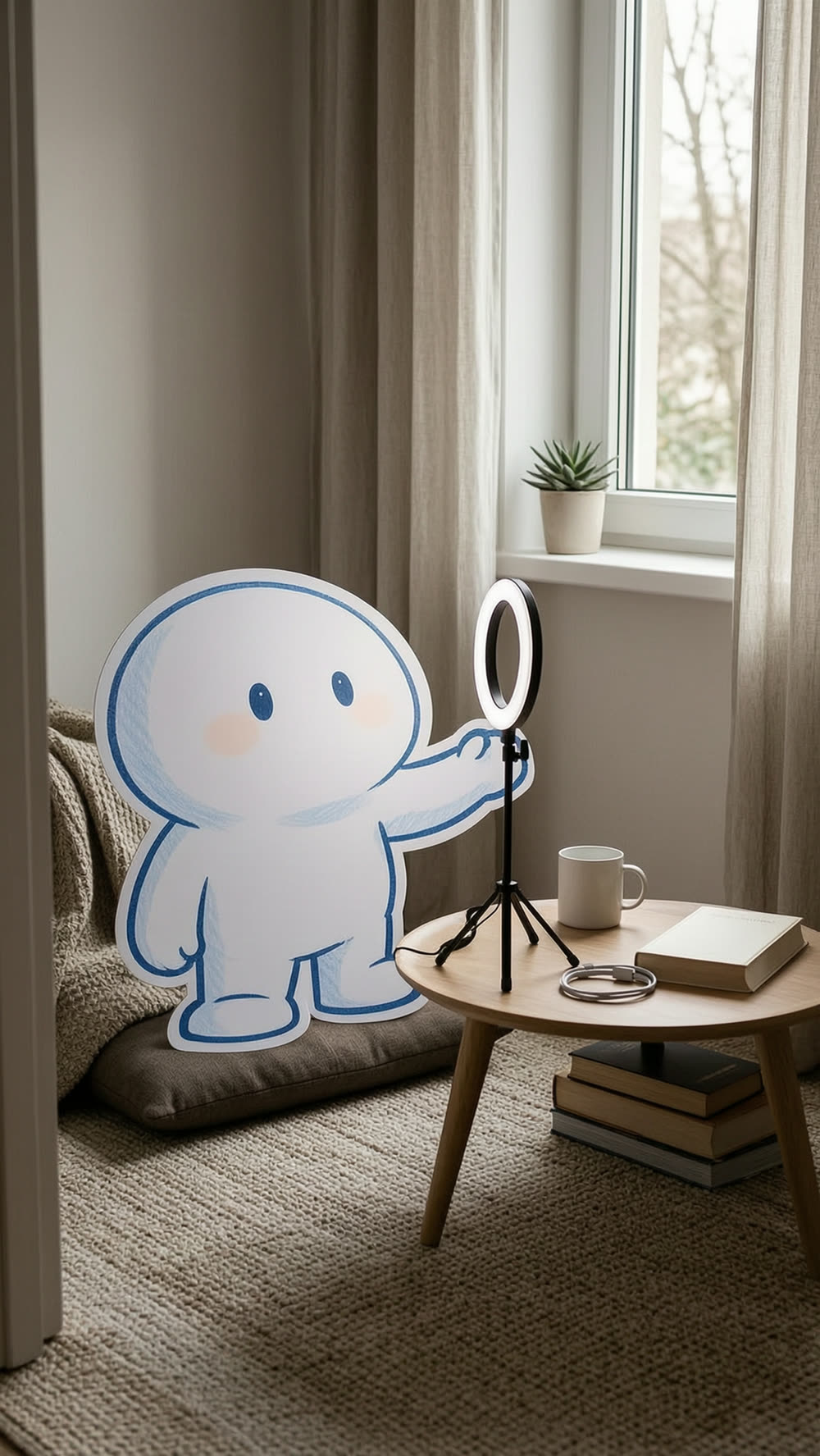 A round white mascot stands in a window reading nook, reaching toward a ring light on a tripod beside a low round table holding a coffee mug and a closed book, a coiled charger cable and a stack of books nearby, in warm morning light.
