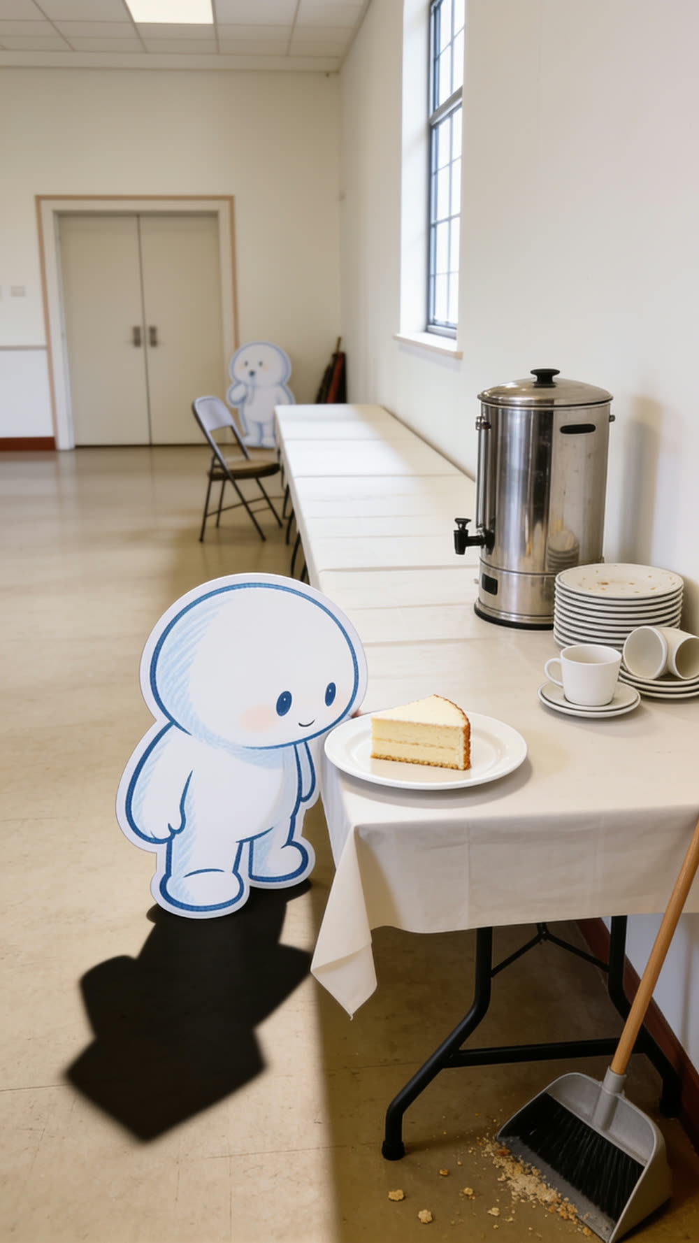 Pundayschool's round white mascot character stands beside a long folding table in an empty church fellowship hall after an event, head bowed toward a single plate holding one last slice of cake, with a tea urn and stacked chairs along the wall.