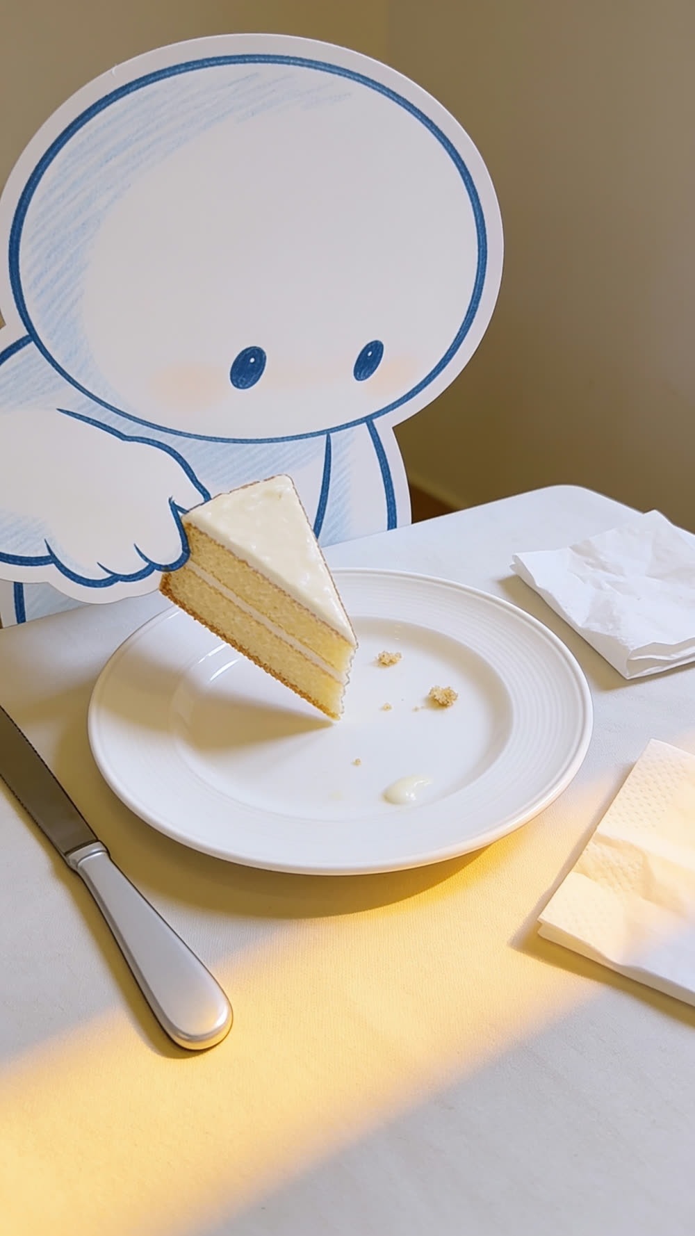 The mascot's hand sets the large piece of cake back down on the plate against the thin leftover sliver, the two cut faces meeting in a warm band of late light.