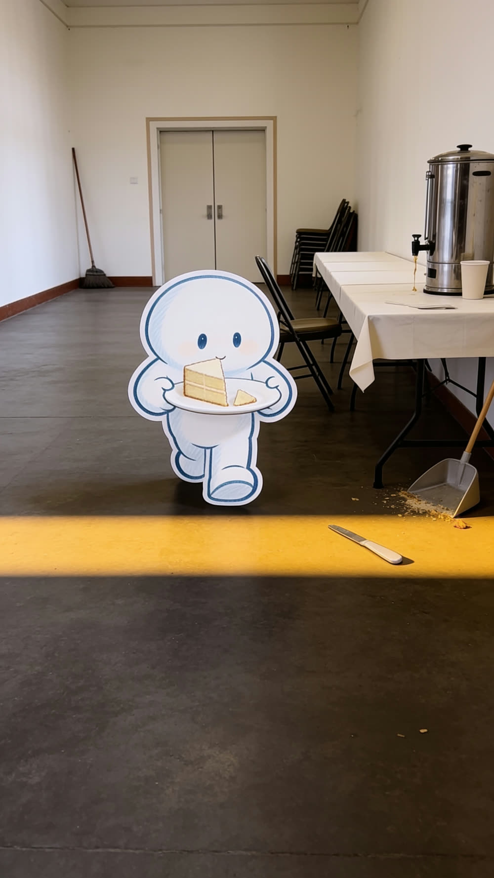The mascot walks toward camera down the empty hall, carrying the plate with the reunited slice of cake, a warm band of late light crossing the floor.