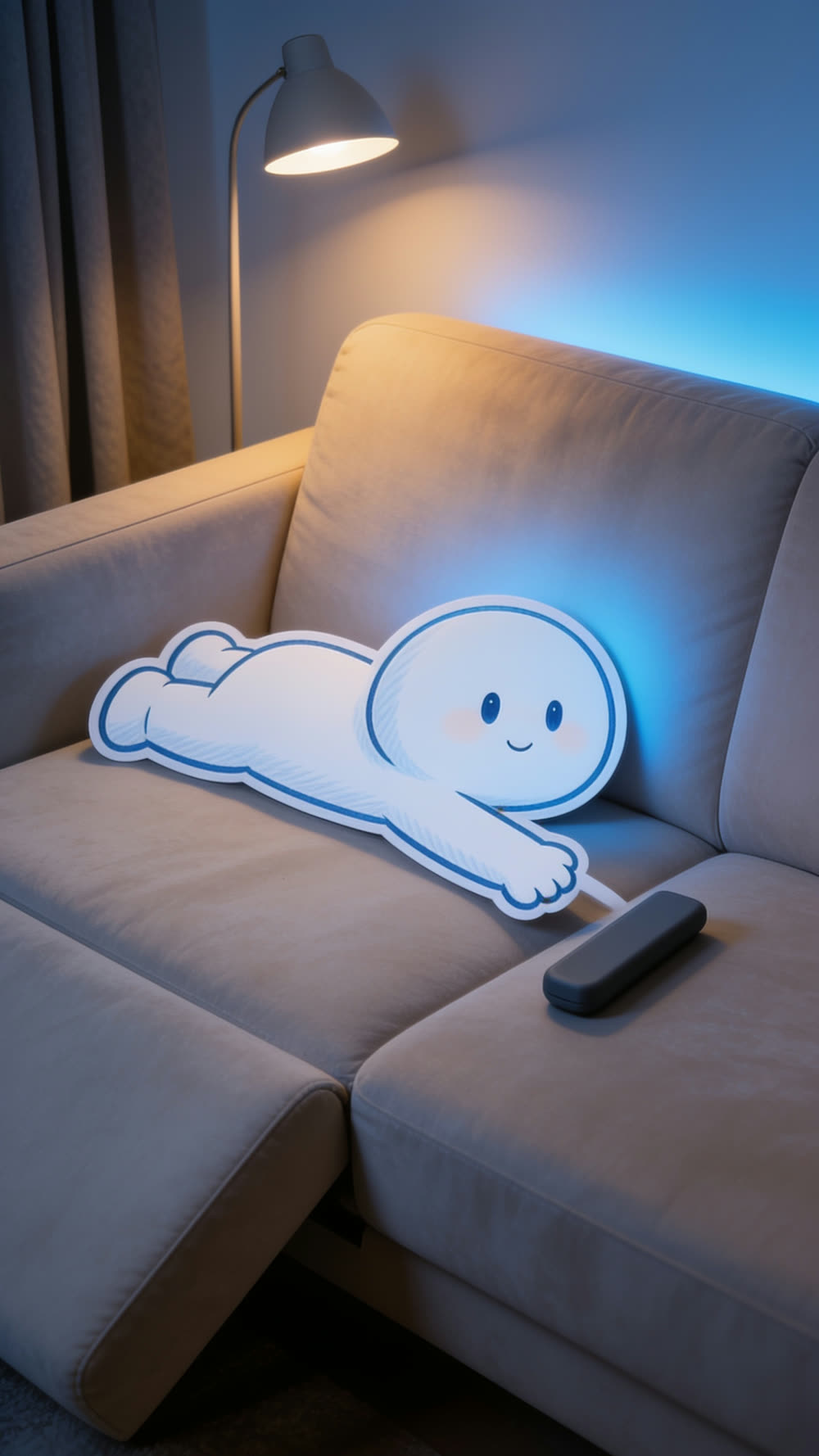 The mascot lunges full stretch across the sofa, reaching for the remote with the whole body horizontal.