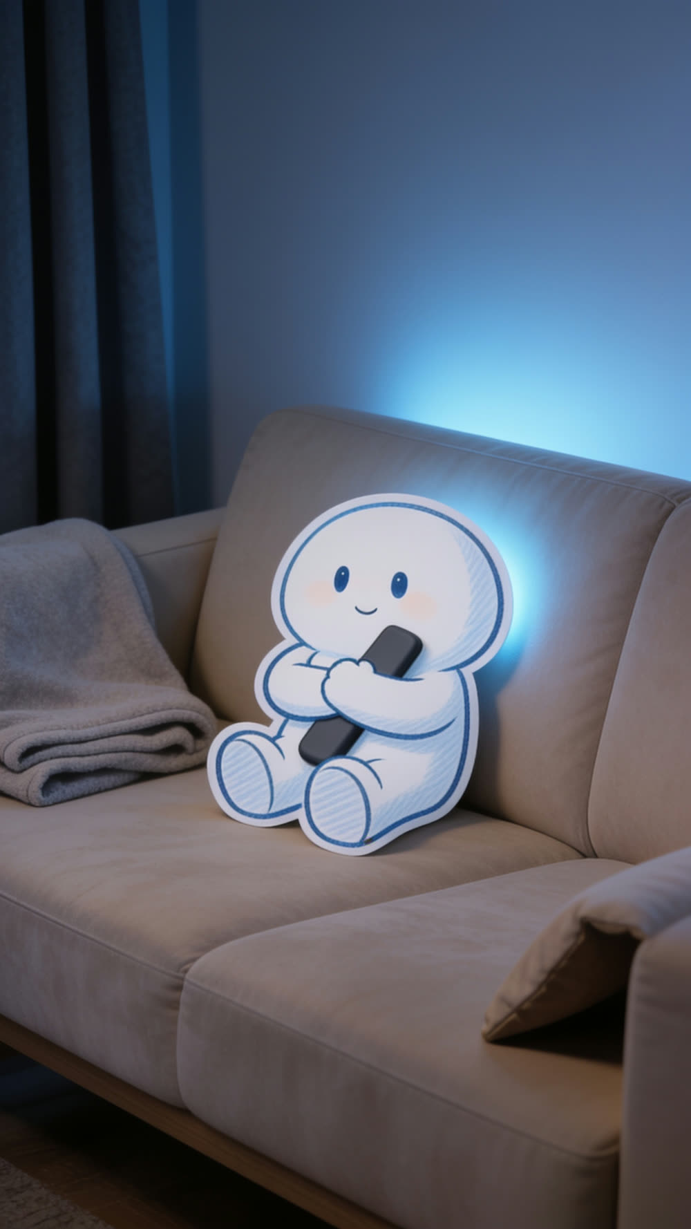 The mascot freezes on the sofa, clutching the remote tightly to its chest with both arms, an honest and slightly panicked look on its face.