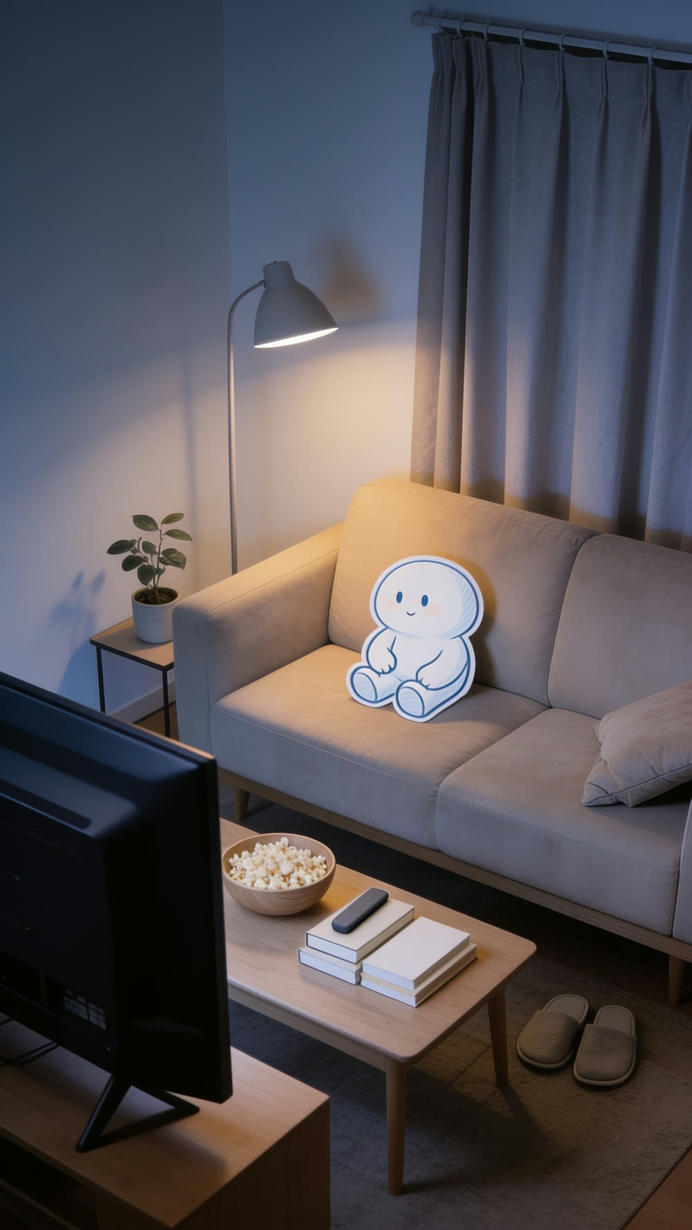 An extreme wide shot from the corner of the living room, warm light across the wall, the room finally at peace, the remote left resting on the coffee table.