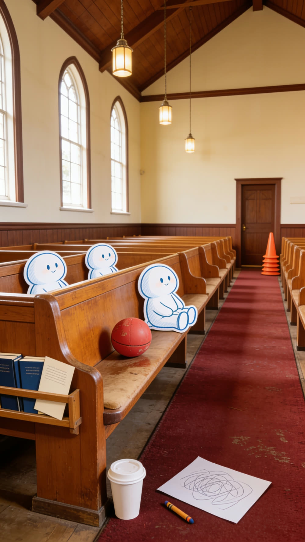 Three round white mascot characters sit alone in the pews of a small sunlit church sanctuary, spaced out among many empty rows, with a worn red rubber ball tucked into the hymnal rack in front of one of them.