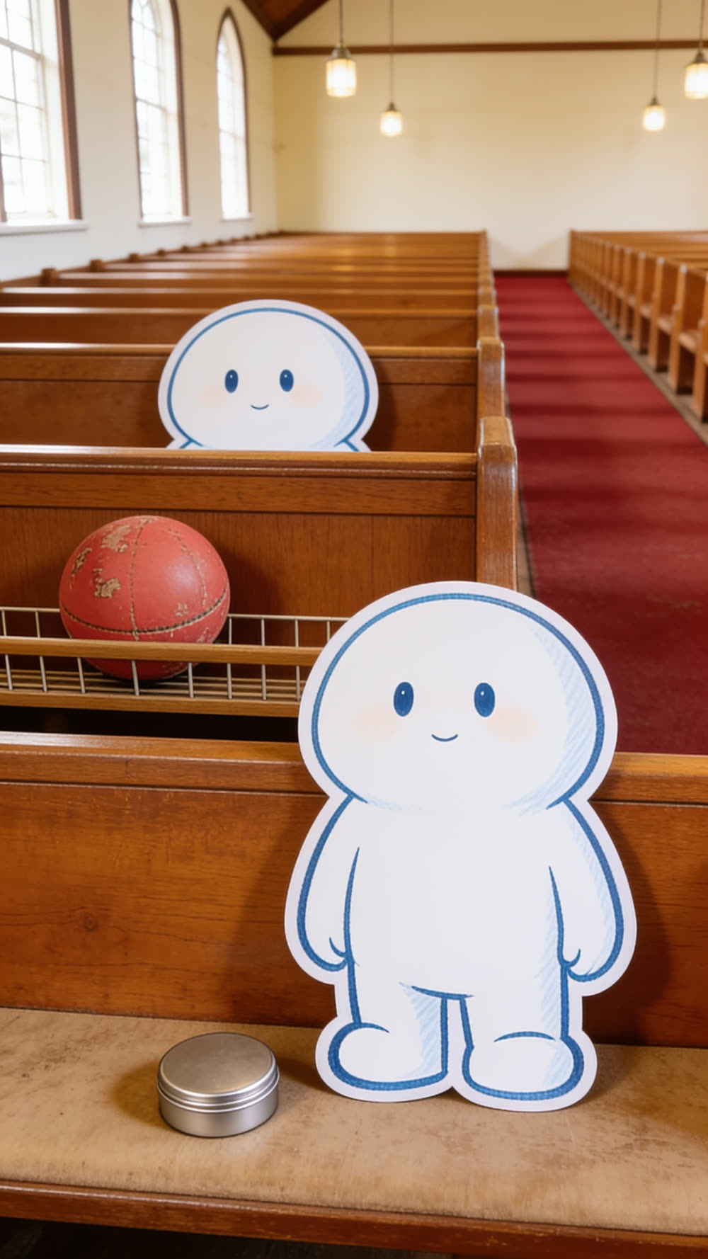 One mascot slides low in its pew, only the top of its head clearing the wood, while the mascot seated in the row behind it stays upright and exposed.