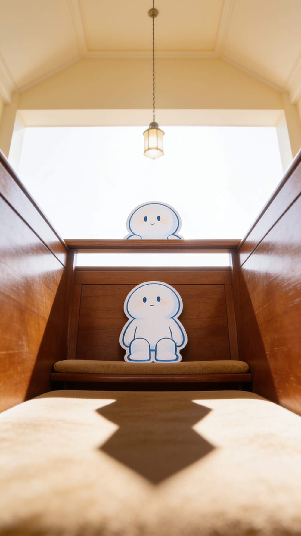 A low-angle view from inside a pew looking up past the pew back, with the head and shoulders of a mascot seated upright in the row behind rising into an otherwise empty stretch of open air.