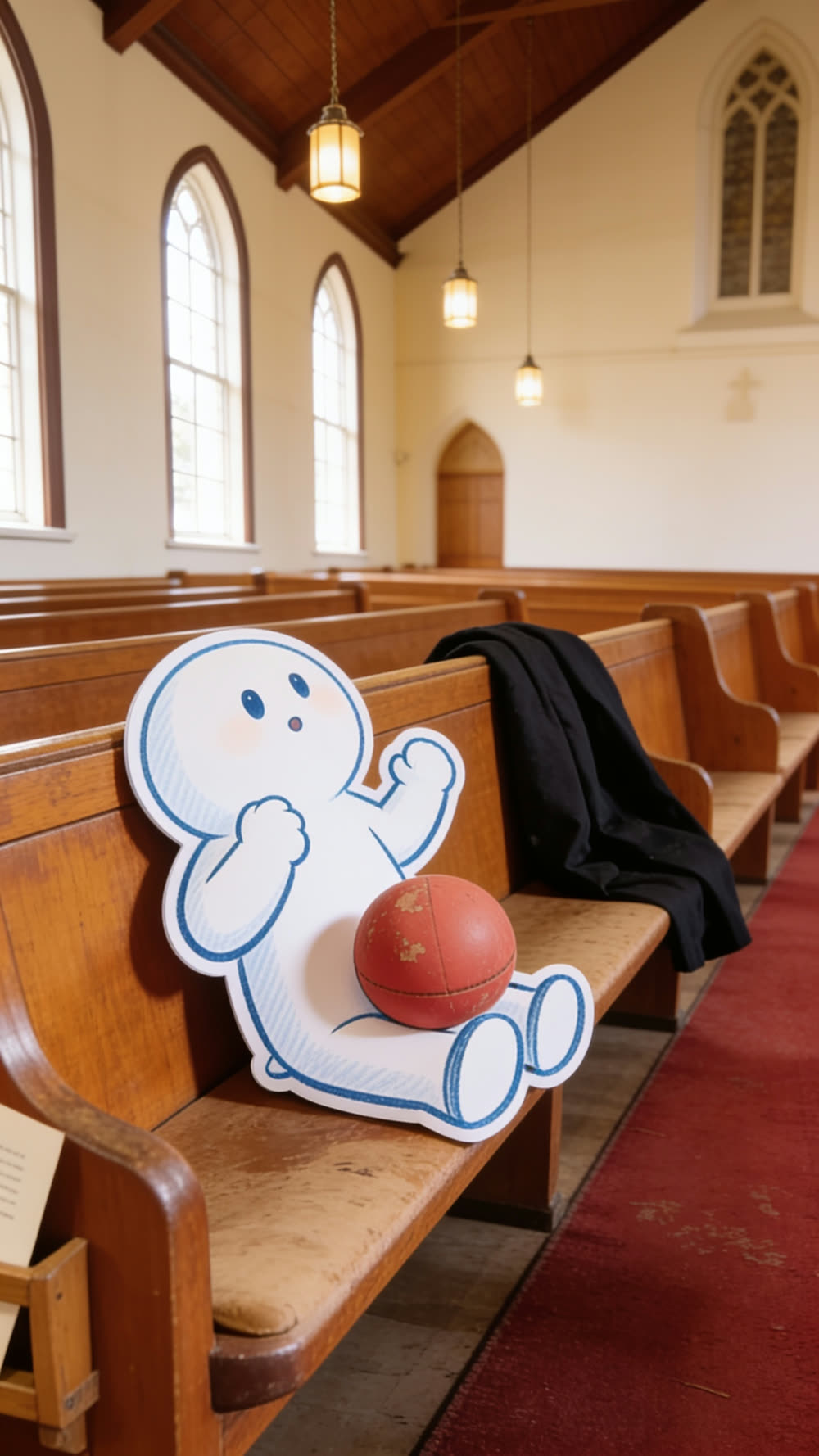 A mascot in the pew behind rocks back in a startled flinch, a worn red rubber ball already resting still in its lap.