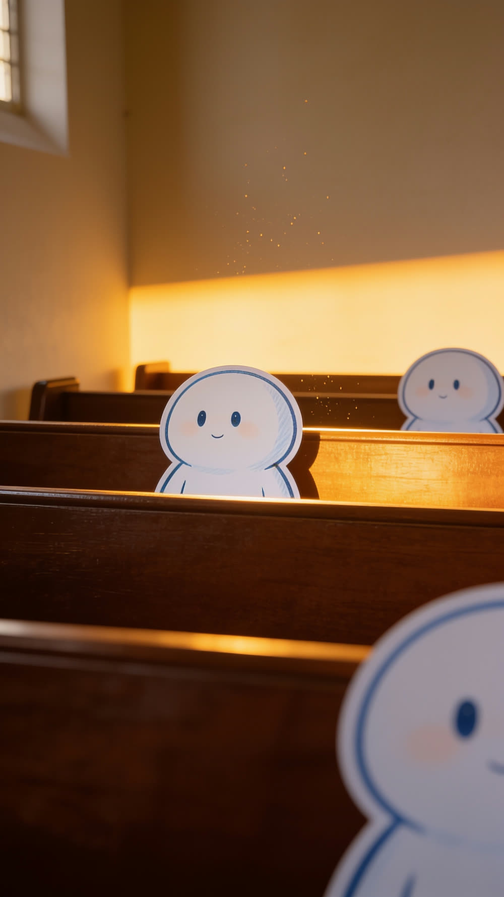 Two mascots sit still and upright in neighboring pews as a warm band of low golden light lies across the pew backs and the wall behind them.