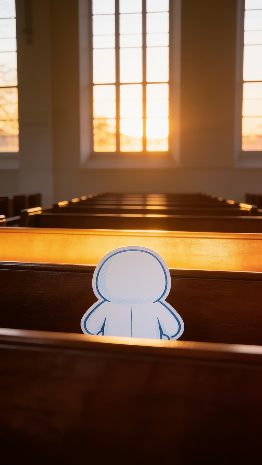 Seen from behind, one mascot sits fully upright in its pew, spine straight and shoulders squared toward the front of the room, deliberately not ducking.
