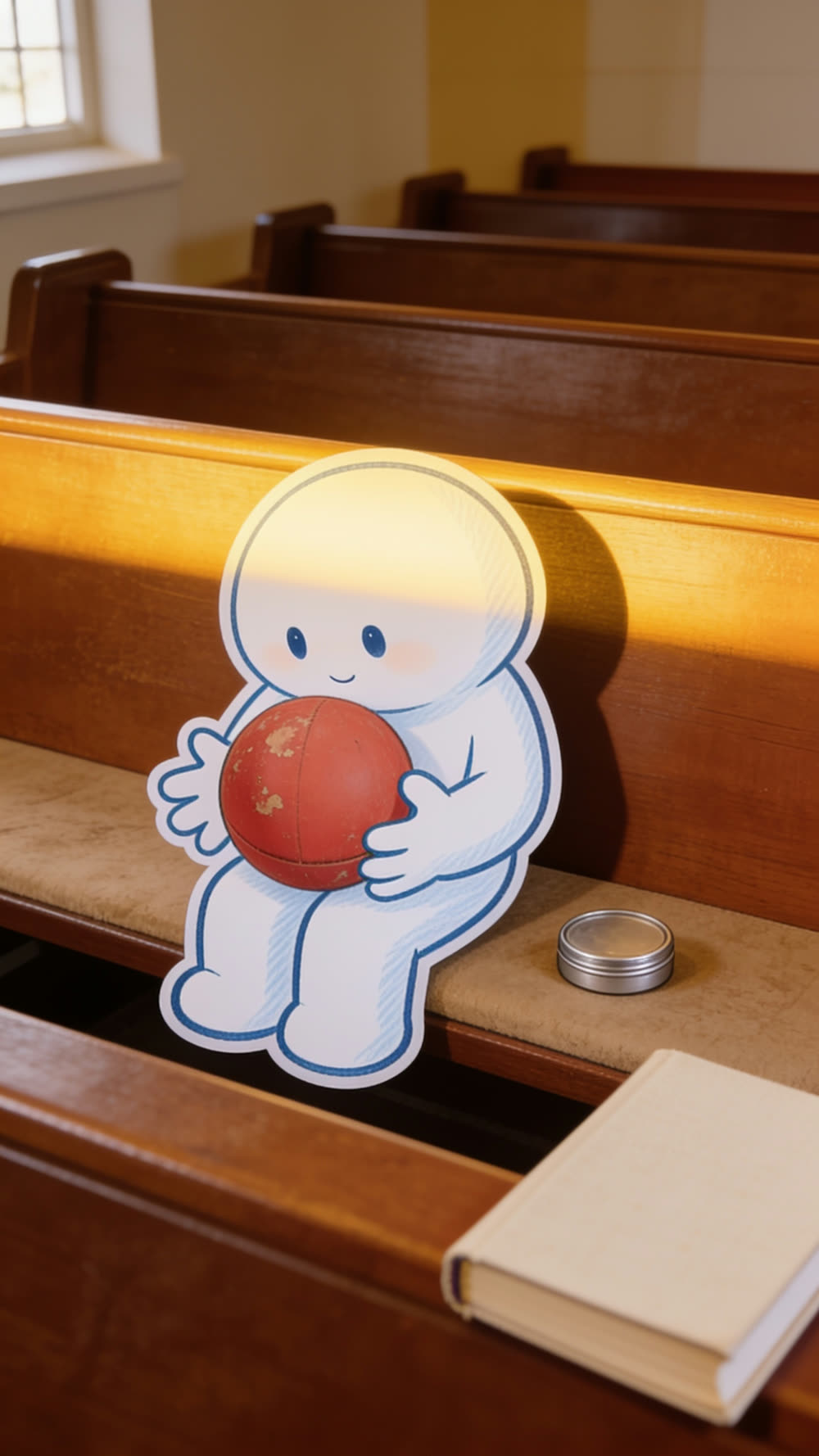 A mascot sits with its head bowed gently, holding a worn red rubber ball in its open hands in its lap, lit by a warm band of golden light.