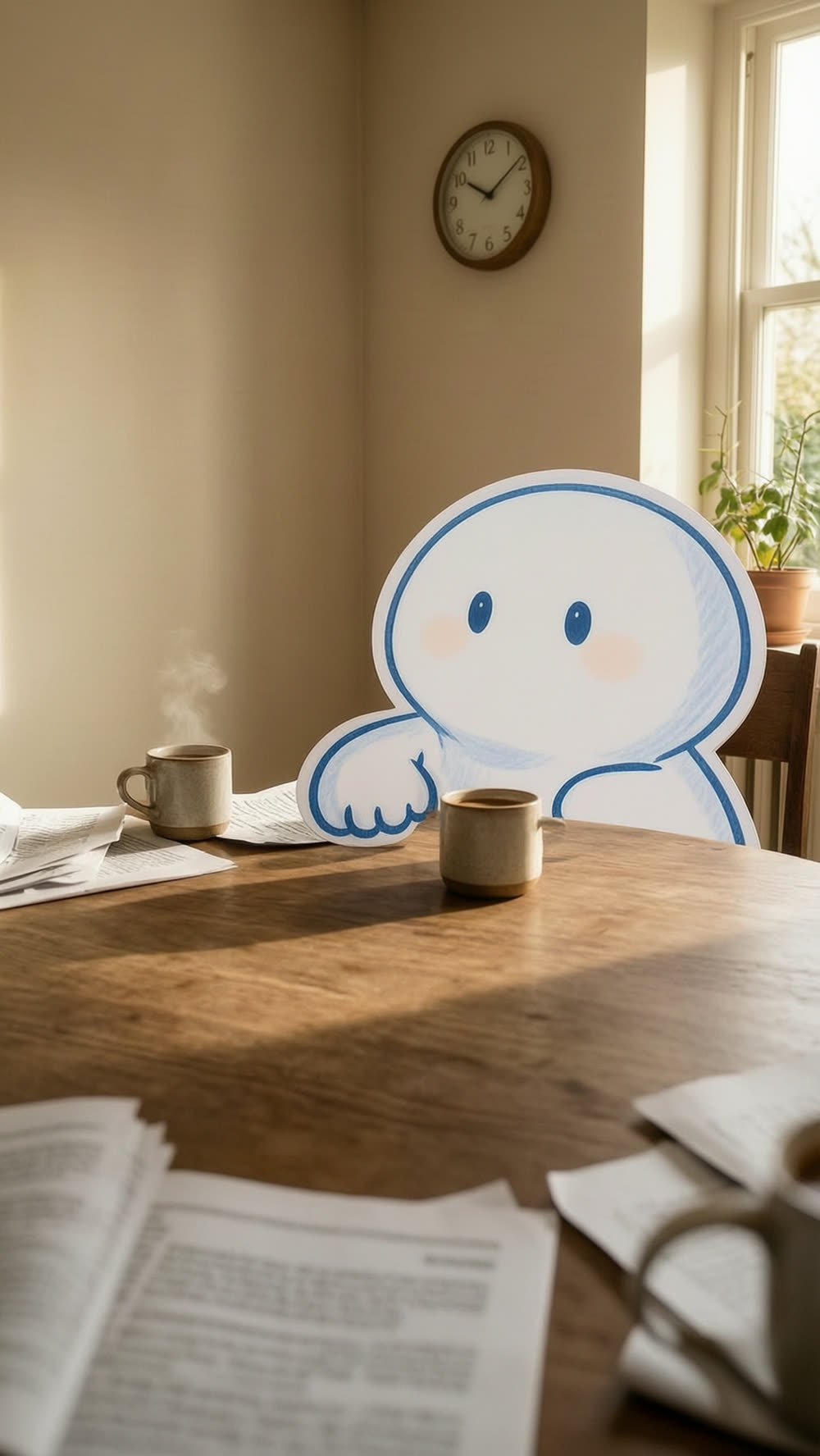 Close shot from across the table: the wronged mascot sits calmly, hand resting near its own mug, blurred papers visible in the foreground on the other mascot's side of the table.