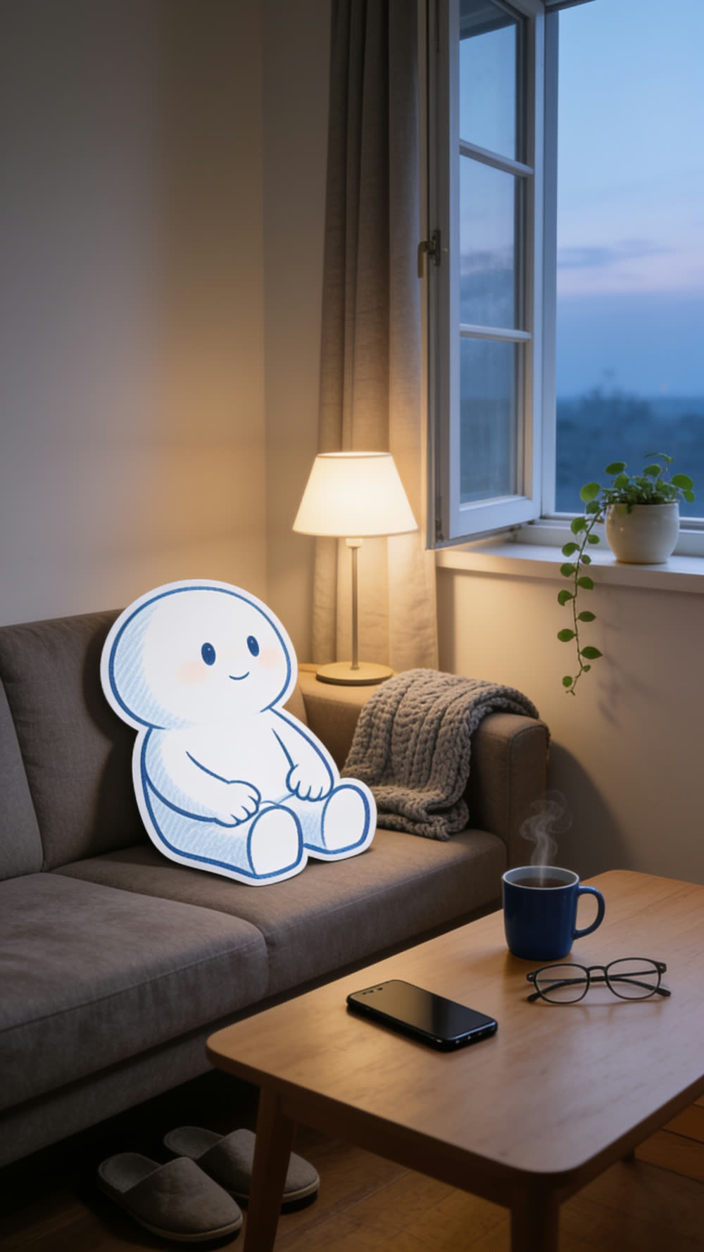 A flat cutout mascot sitting upright on a sofa in a dim, early-morning living room, a phone face down on the low table beside a steaming mug, a lit lamp and a window showing first light.