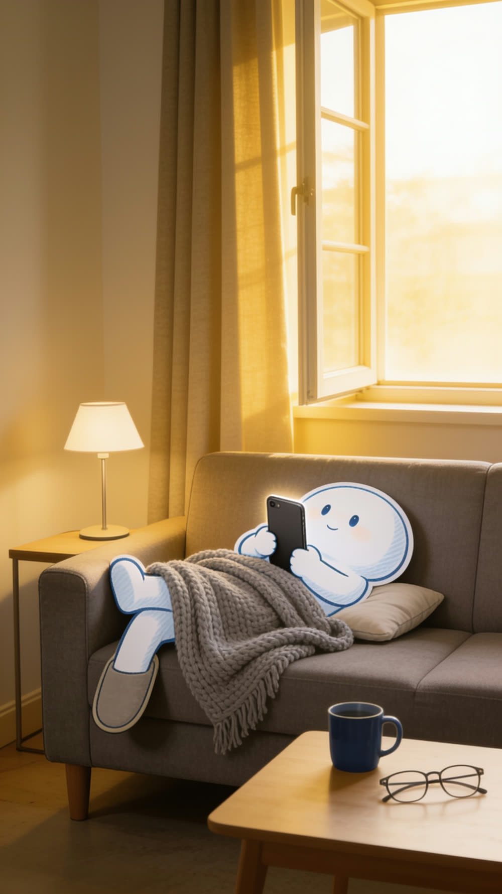 Wide shot of the same living room now flooded with full gold mid-morning light, the mascot lying fully horizontal on the sofa wrapped in a tangled blanket, phone held above its face, one slipper dangling, the lamp still burning uselessly in the daylight.