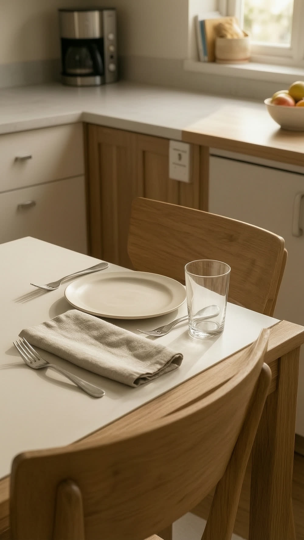 The set table alone, no mascot in frame: a plate, glass, and napkin waiting on a table with the chair pulled out, warm kitchen light falling across the scene.