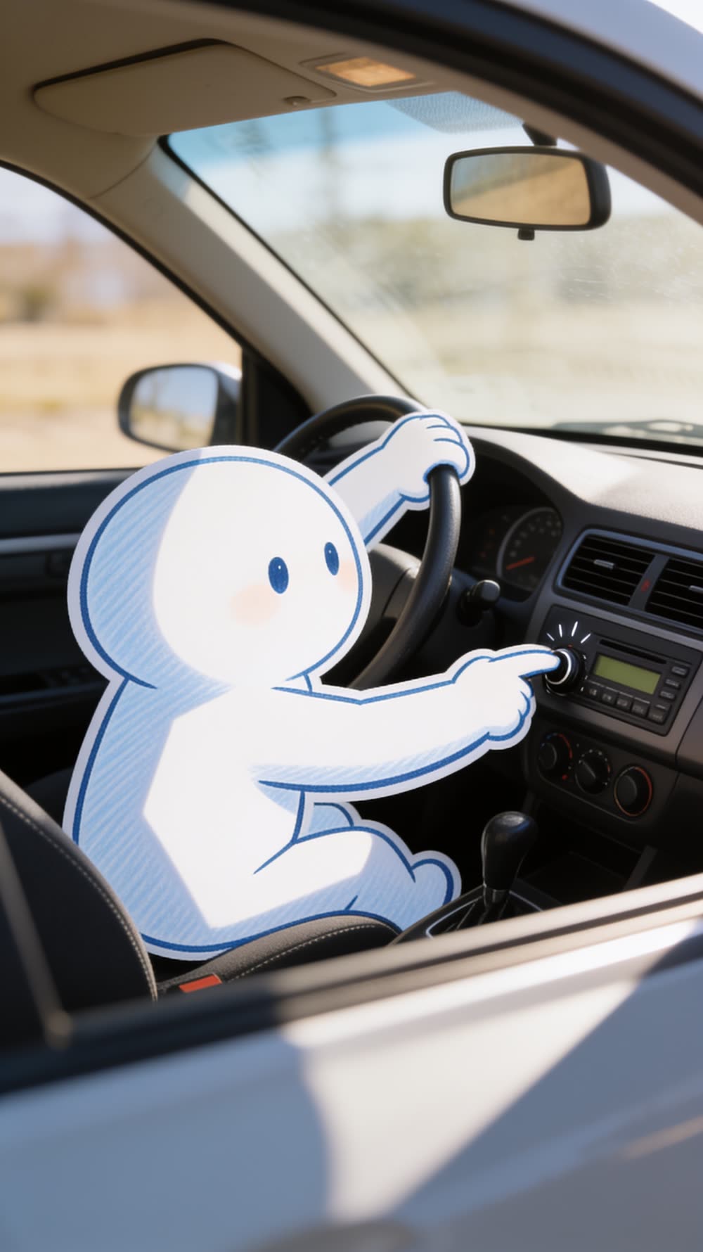 Close shot inside the car: the mascot's hand leaving the steering wheel and reaching toward the radio's volume knob, shoulders tightening.