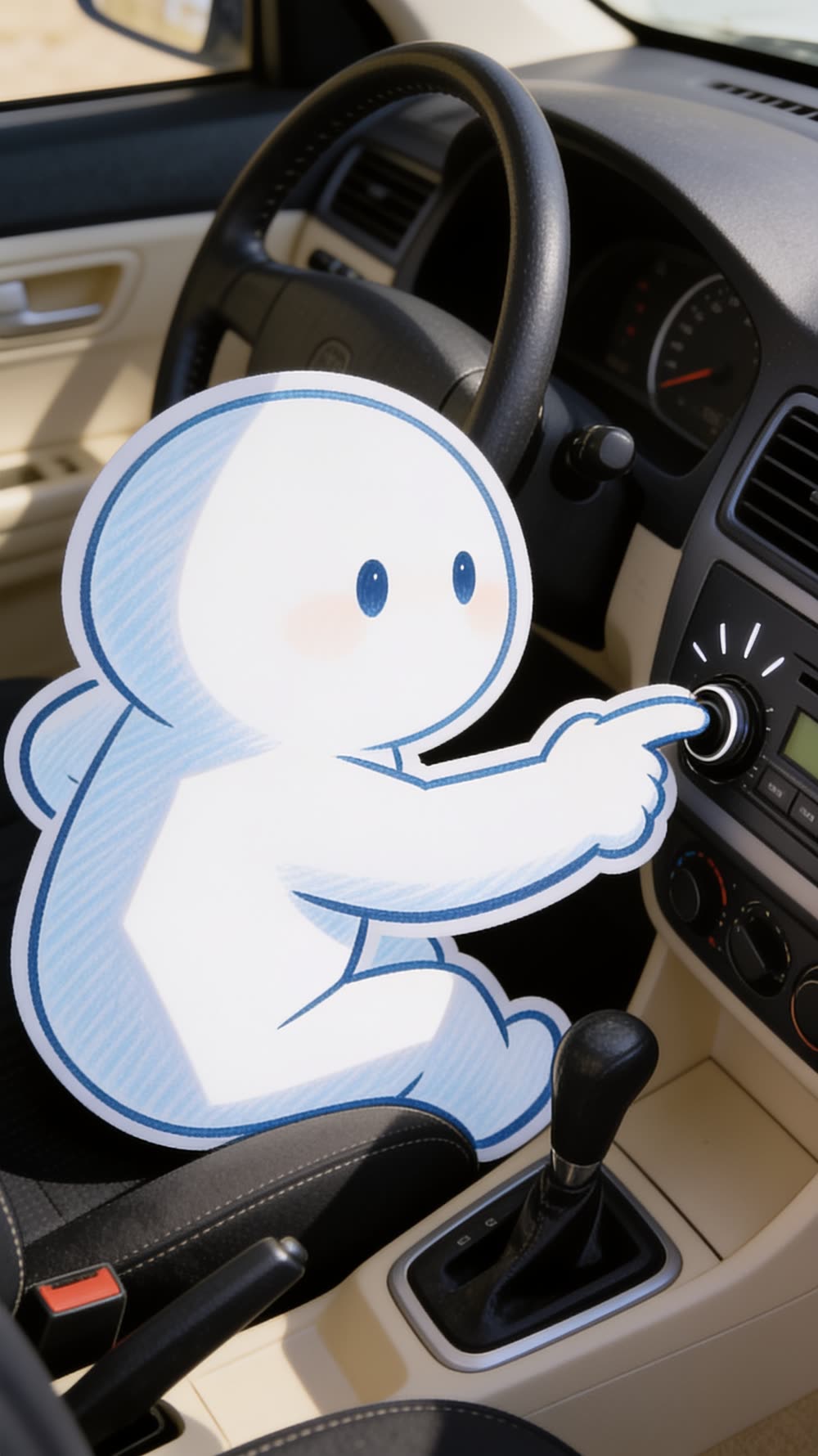 Close shot: the mascot's hand mid-motion, fingers actually turning the volume knob down, body held still and tense.