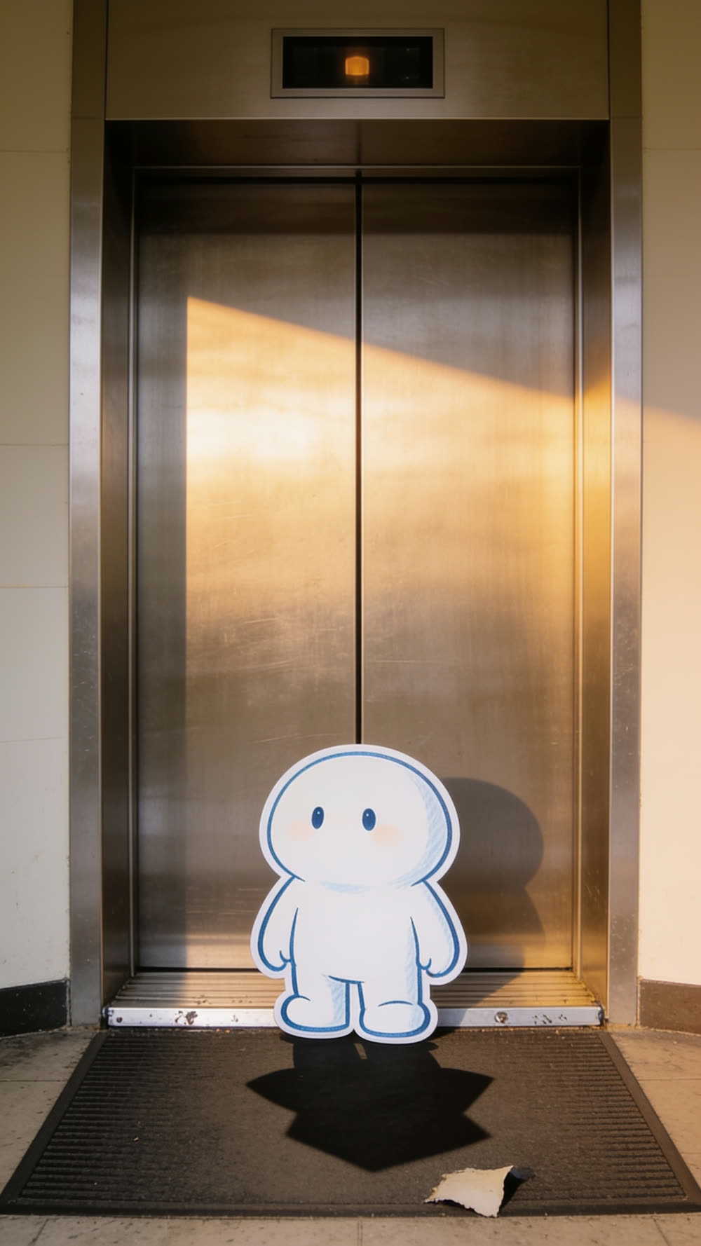The mascot stands quietly with its back to the camera, arms at its sides, facing a closed stainless steel elevator door lit by a diagonal beam of warm light, feet planted on the black entrance mat.