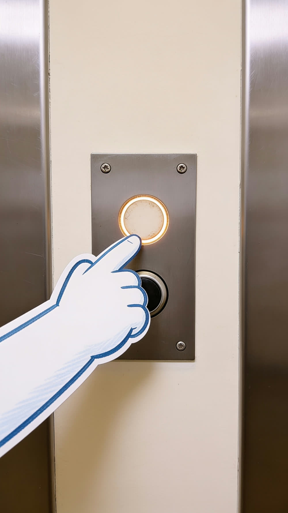 A close-up of the same call button panel, with the mascot's cartoon fingertip touching only the very top edge of the lit button, caught in the moment of lifting away rather than pressing down.