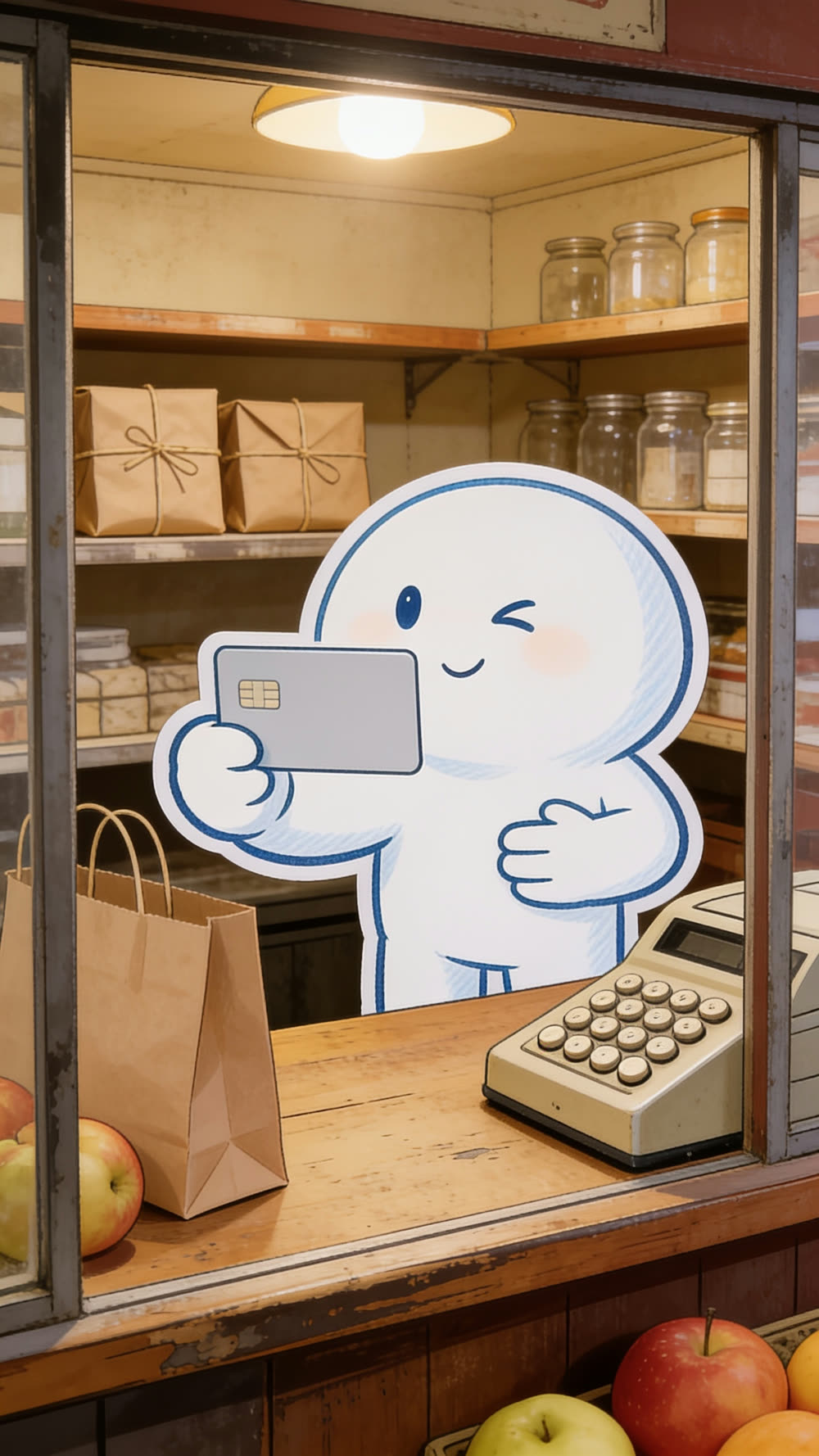 Pundayschool's mascot holds up a bank card while winking at the shop counter of a small grocer, jars and paper parcels on the shelves behind, an old-fashioned till and apples on the counter.