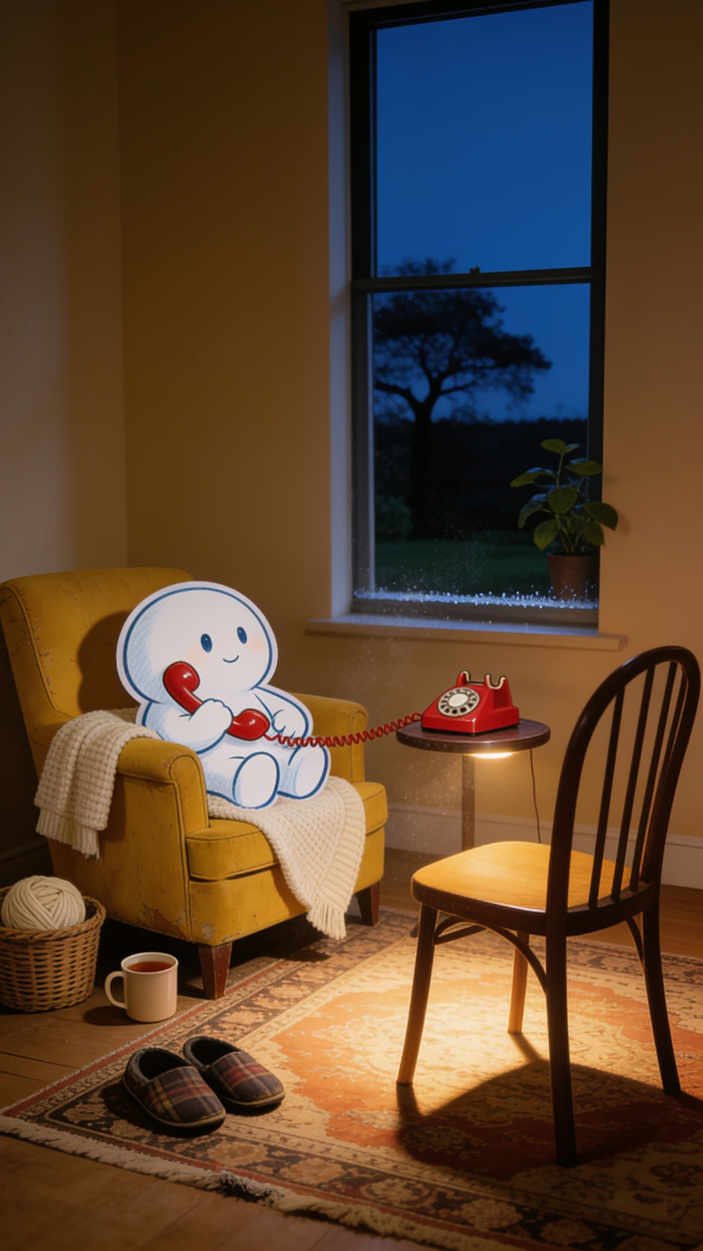 Pundayschool's mascot sits back in a yellow armchair, holding a red telephone handset quietly in its lap, looking thoughtfully across the room, glasses set aside on the armrest.