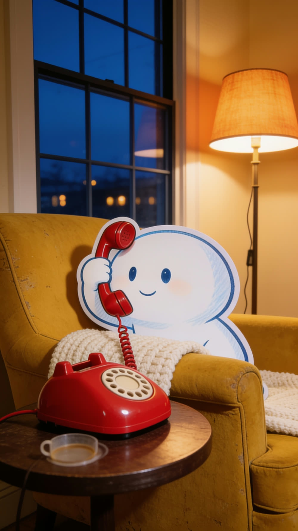 Pundayschool's mascot sits calmly in the yellow armchair holding the phone handset with both hands, at rest, the red telephone base and a mug on the side table beside it.
