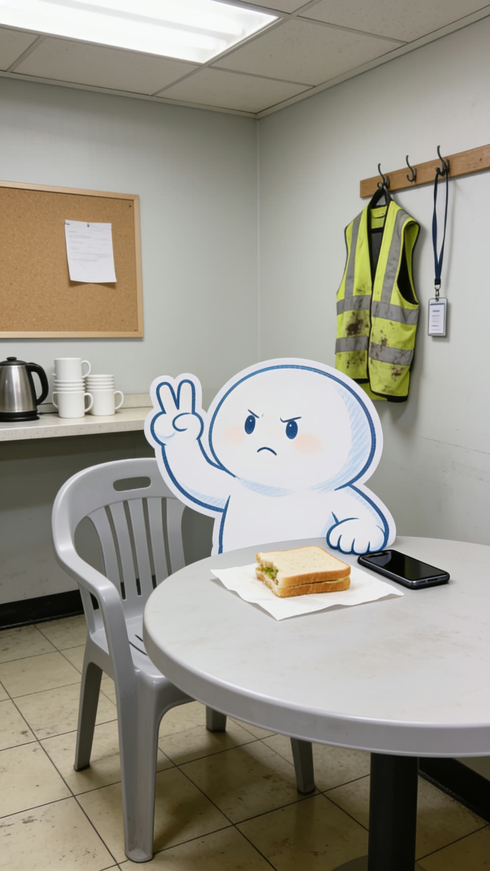 A Pundayschool mascot character sits at a break room table making a peace sign with a stern expression, a phone and half a sandwich on the table, a hi-vis vest hanging on the wall behind it.