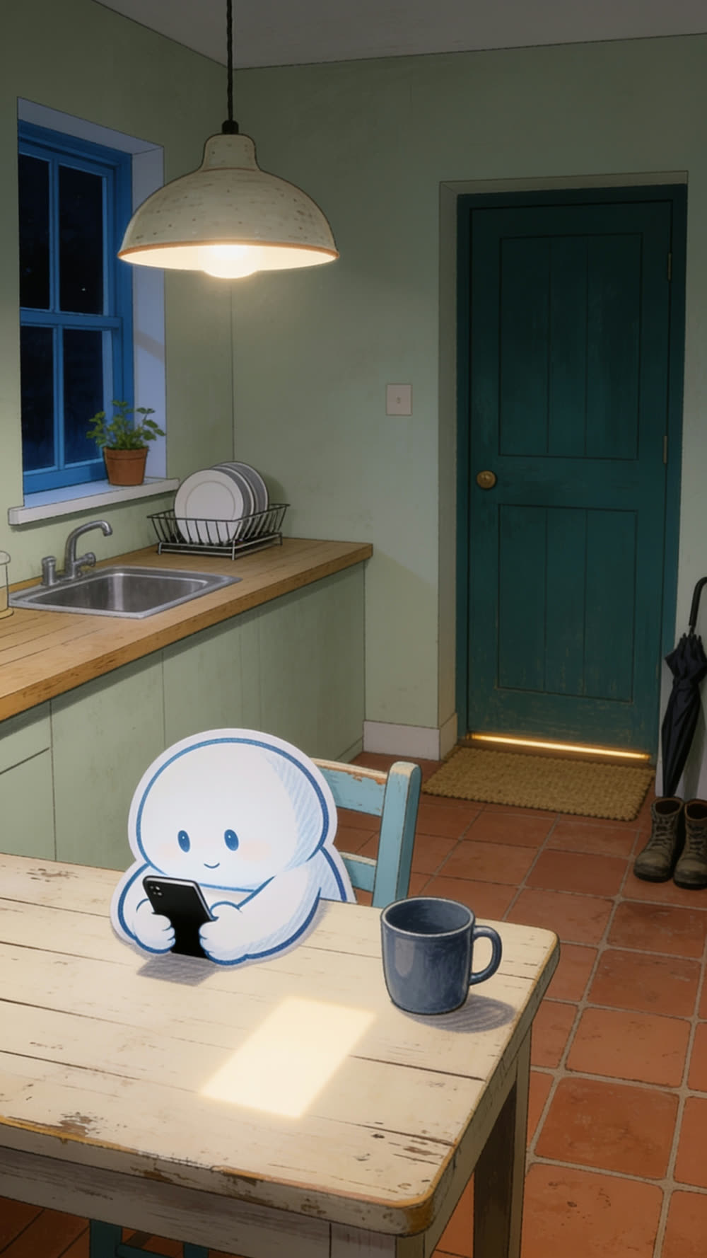 A wide shot of the mascot resting its head on one hand at the kitchen table, holding its phone, with a lit stove and open doorway visible in the background.