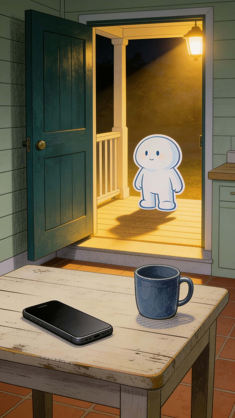 The mascot walks through its own open front door into warm porch light, leaving the kitchen table behind it.